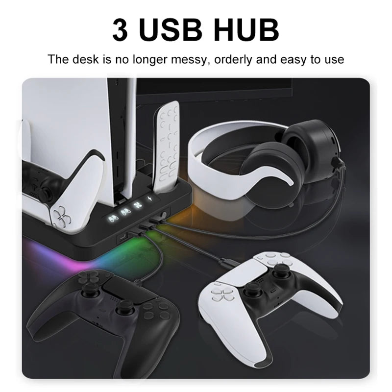 GAMINJA RGB Cooling Base Gamepad Charging Stand For PS5 Console Holder Headset Hook Game CD Storage Rack For PS5 Disc & Digital