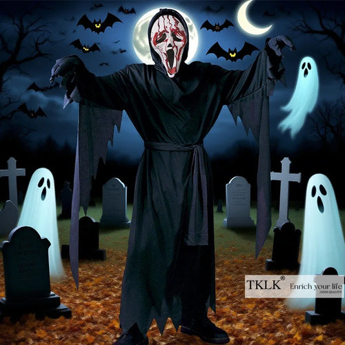 1 Set Halloweenkostüme mit lauten Schreien, Horrorfilm-Cosplay-Outfits, gruselige Kleidung, Masken, Handschuhe – perfekt für Halloween