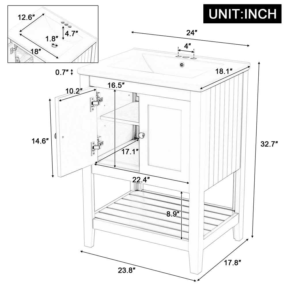 24" Black Modern Sleek Bathroom Vanity Elegant Ceramic Sink with Solid Wood Frame Open Style Shelf