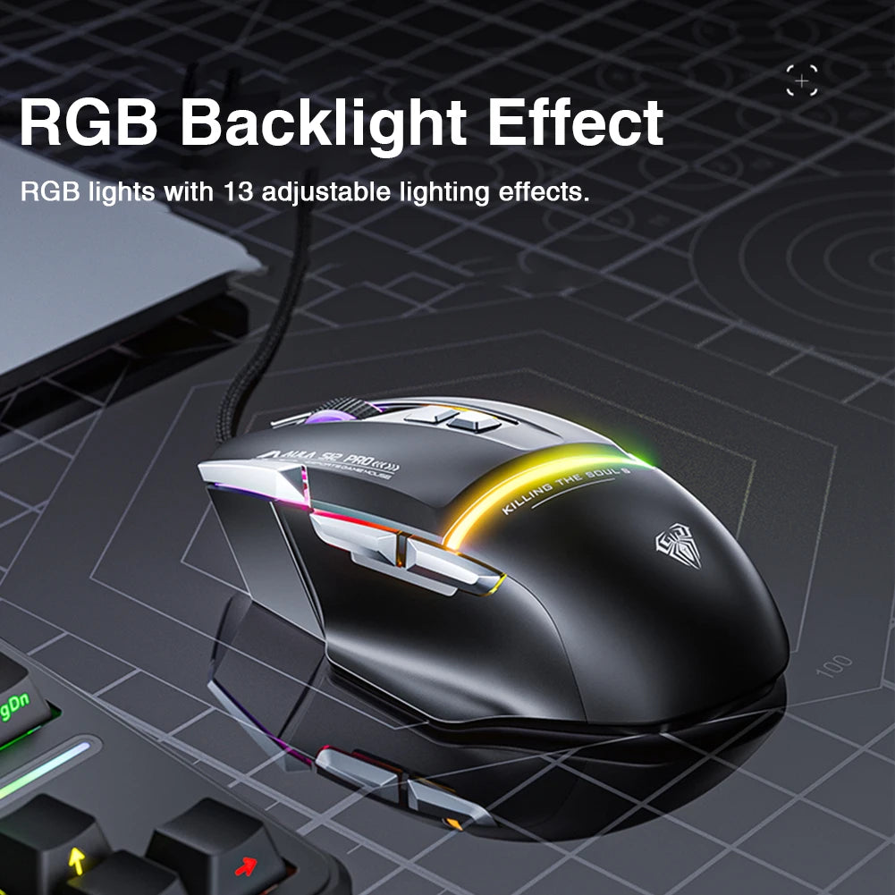 AULA S12Pro Gaming-Maus, 12800 DPI, 1000 Hz Return, kabelgebunden, 8 Tasten, Makro-Maus für E-Sport, ergonomisches Design, RGB-Hintergrundbeleuchtung
