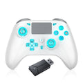 White gaming controller with blue accents and a USB adapter on a white background, featuring text indicating compatibility with various devices.
