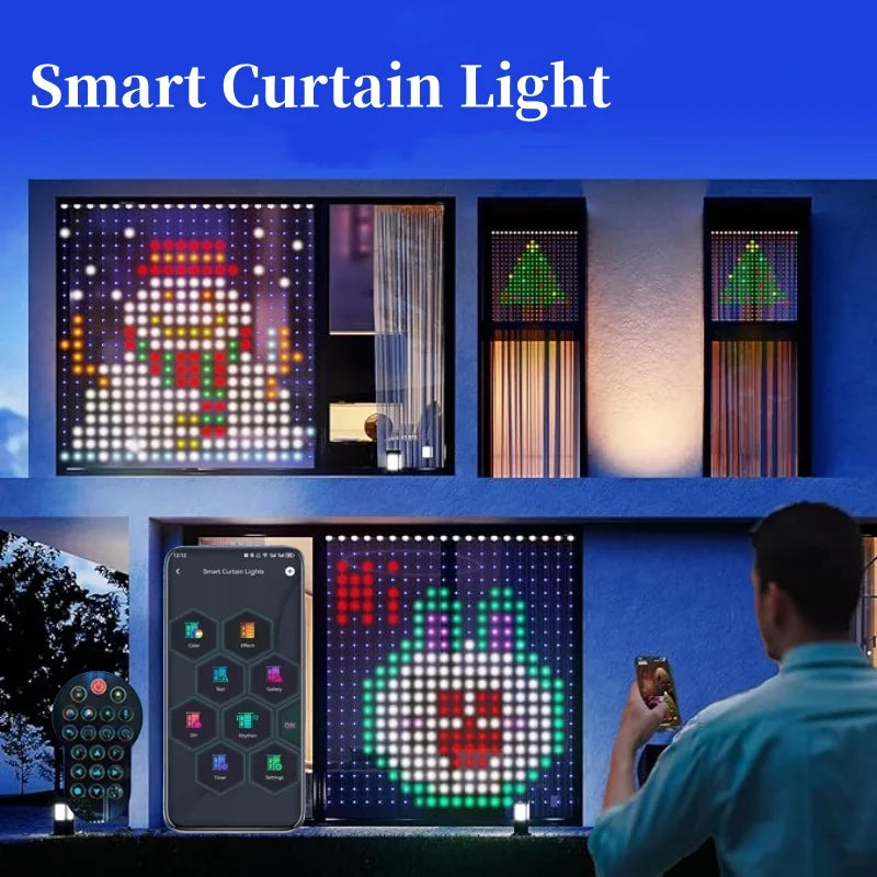 Smart LED Curtain Lights APP Control DIY Pattern RGB String Light Dimmable For Home Bedroom Party Birthday Holiday Decoration