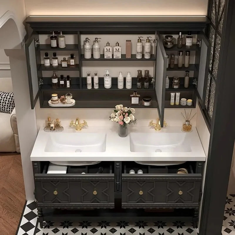 Customized Solid Wood Bathroom Vanity with Sintered Stone Sink, Toiletries Storage, and Smart Mirror Cabinet Package