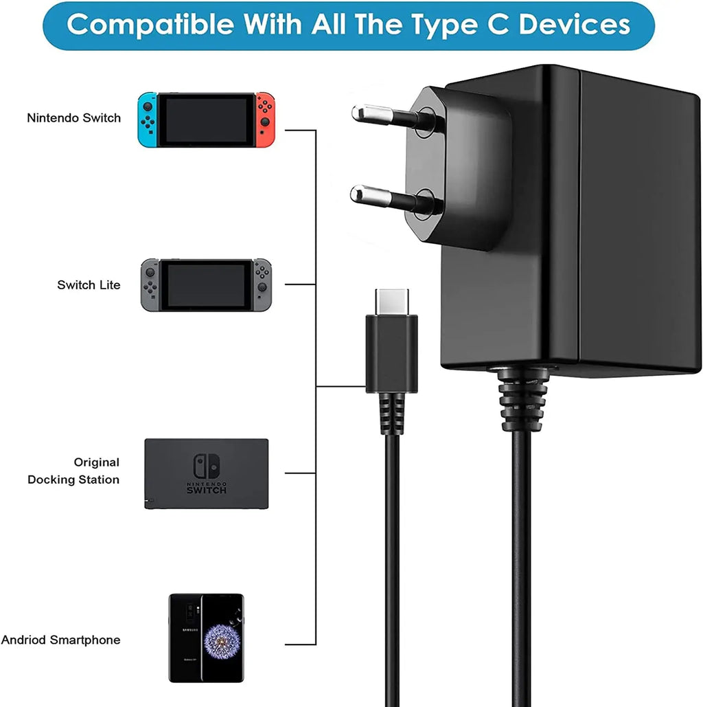 Nintend Switch 5 V 3 A / 15 V 2.6 A  Power Supply Travel Charger With 1.5 m USB Type C Charging Cable Support TV for Switch Lite