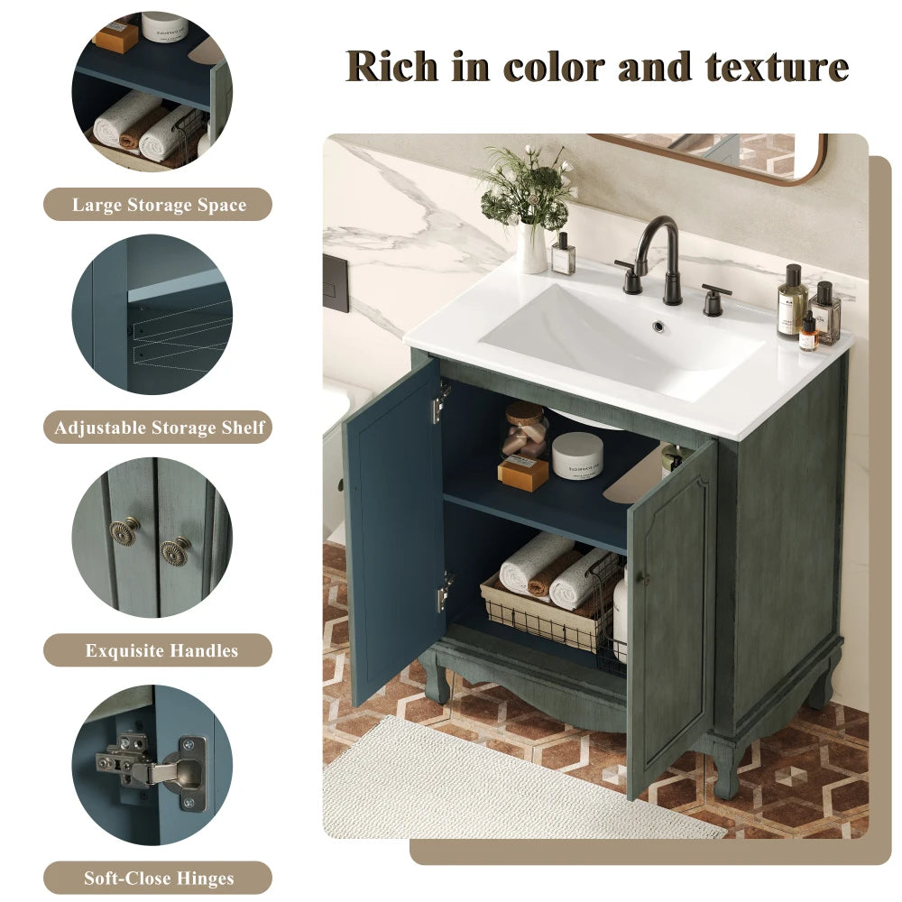 30" Vintage Bathroom Vanity with Rectangle Ceramic Sink,  Bathroom Vanity Cabinet with Antique Handles and 2 Doors, Bathroom