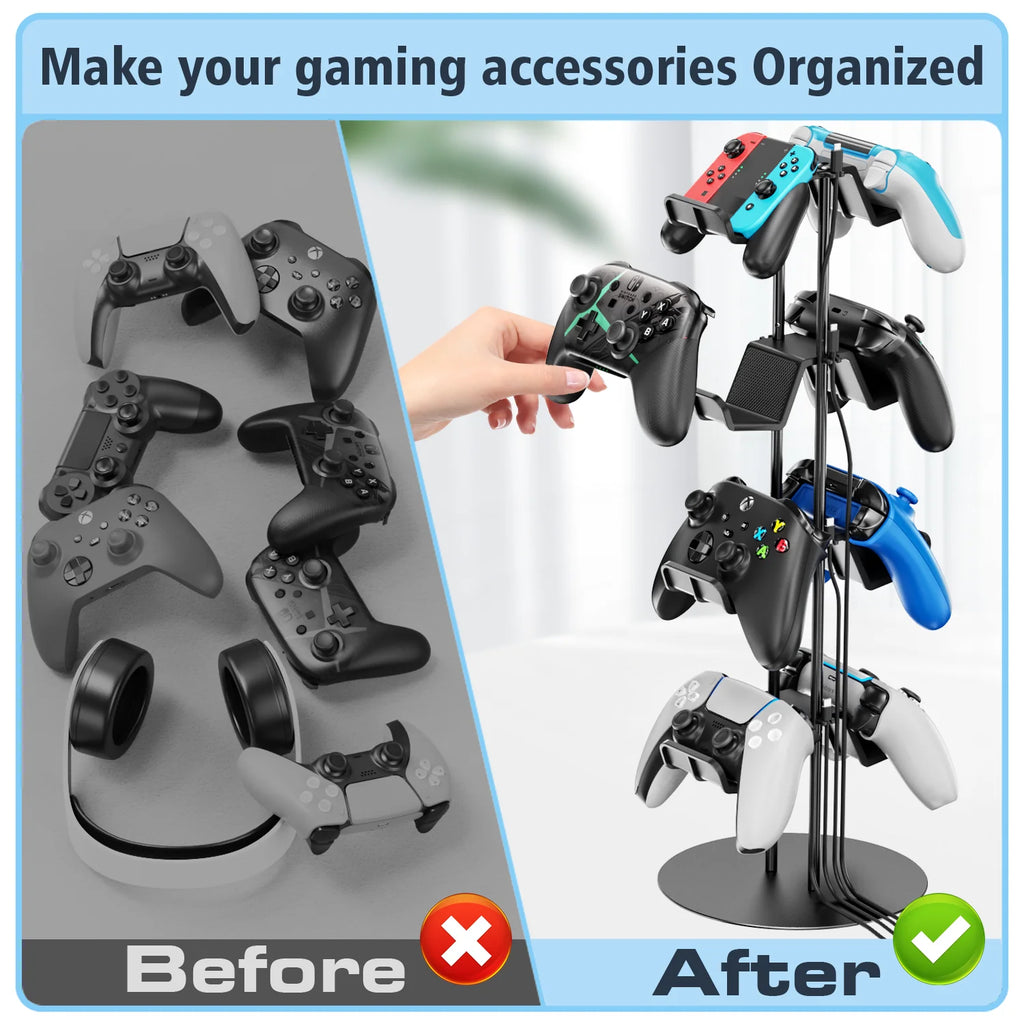 Universal Controller Stand 4 Tiers with Cable Organizer Headset Holder & Desk Mounts for 8 Packs Controller