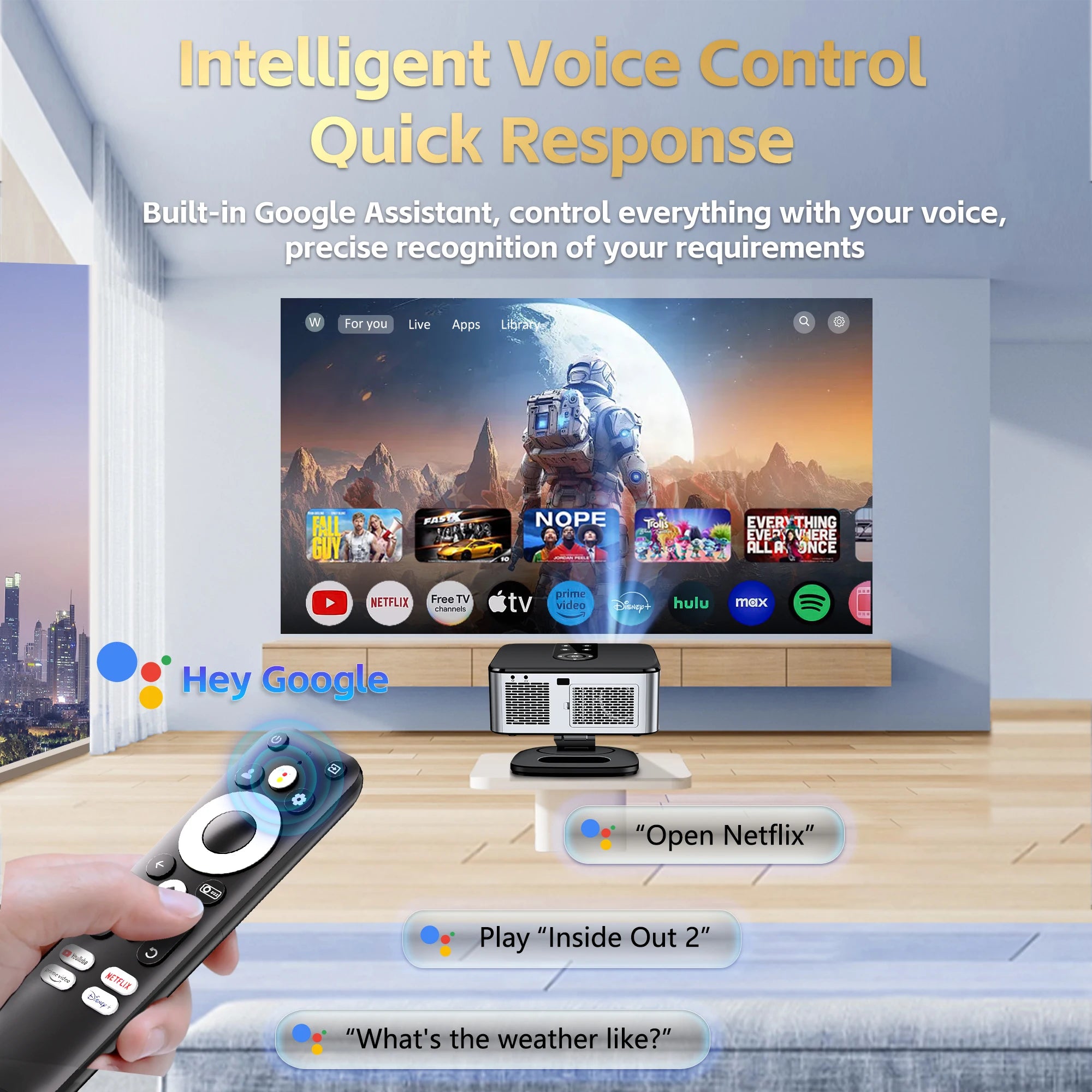 Horlat Google TV Projector 2000ANSI Voice Control Auto Focus Android WiFi 6 4K UHD Home Theater Movie Projector Netflix Licensed