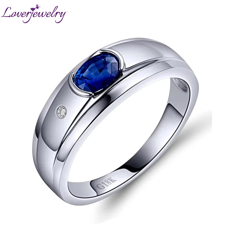 LOVERJEWELRY Men Jewelry Ring Pure 18KT White Gold Natural Sapphire Gemstone Ring Diamond Man Rings For Husband Anniversary Gift