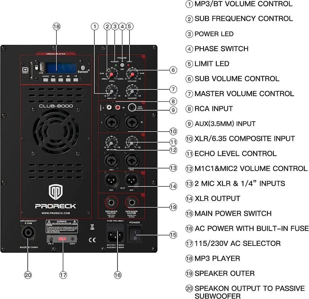 PRORECK 18-Zoll-8000-W-PMPO-Stereo-Bluetooth/DJ/Powered PA-Lautsprechersystem-Kombiset mit zwei Subwoofern und 6 Line-Array-Lautsprechern