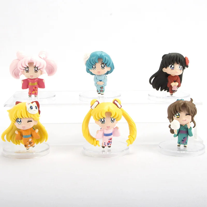 6Pcs/1Set Anime Sailor Moon Tsukino Usagi Cat Dressing Set Mizuno Ami Toy Desktop Ornament Kino Makoto Action Figure PVC 4CM