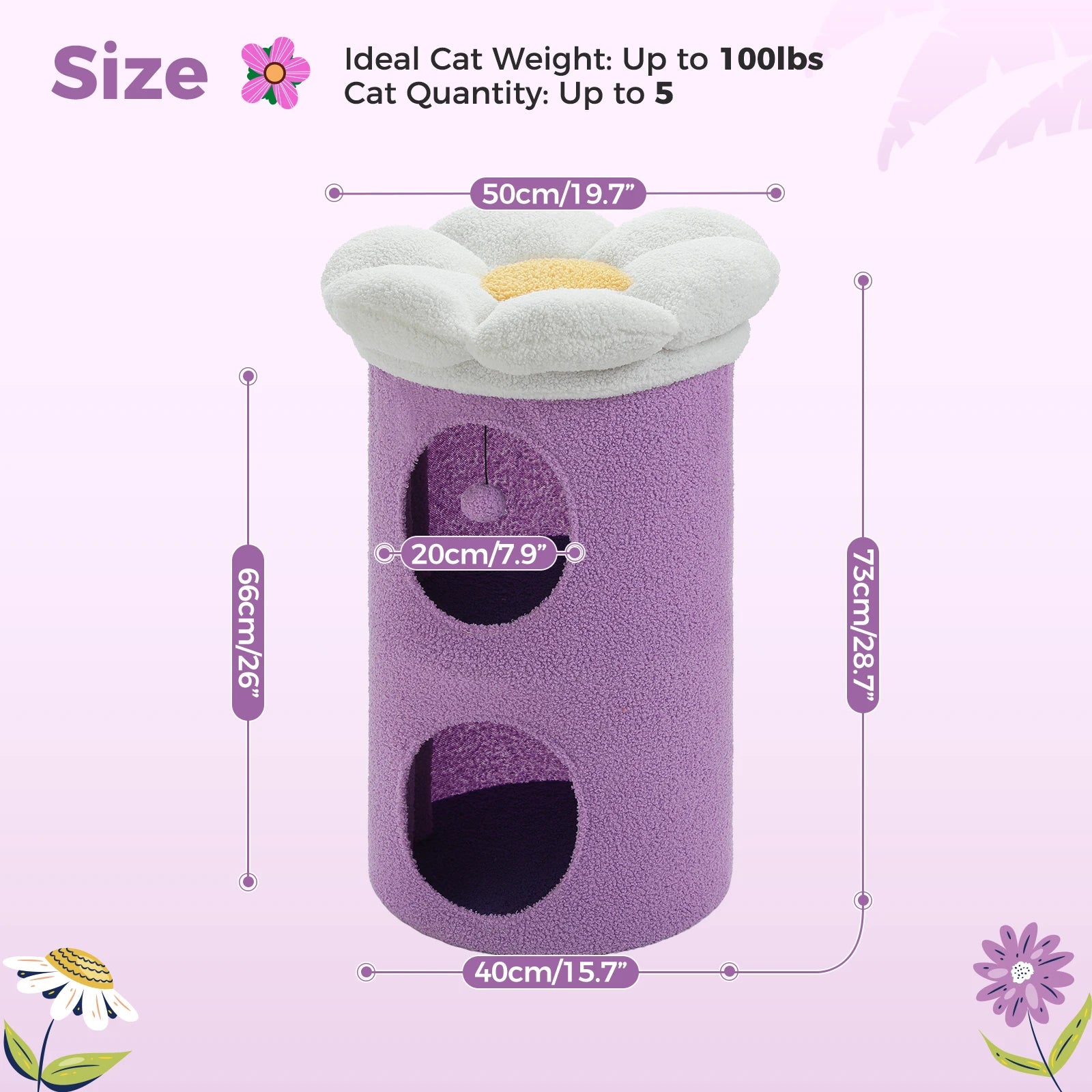 Flower Cat House with Pompom Ball, Double-Deck, Large Cat Condo, Bed with Soft Flower Perch, Spacious Cozy Condo for Multi Cats