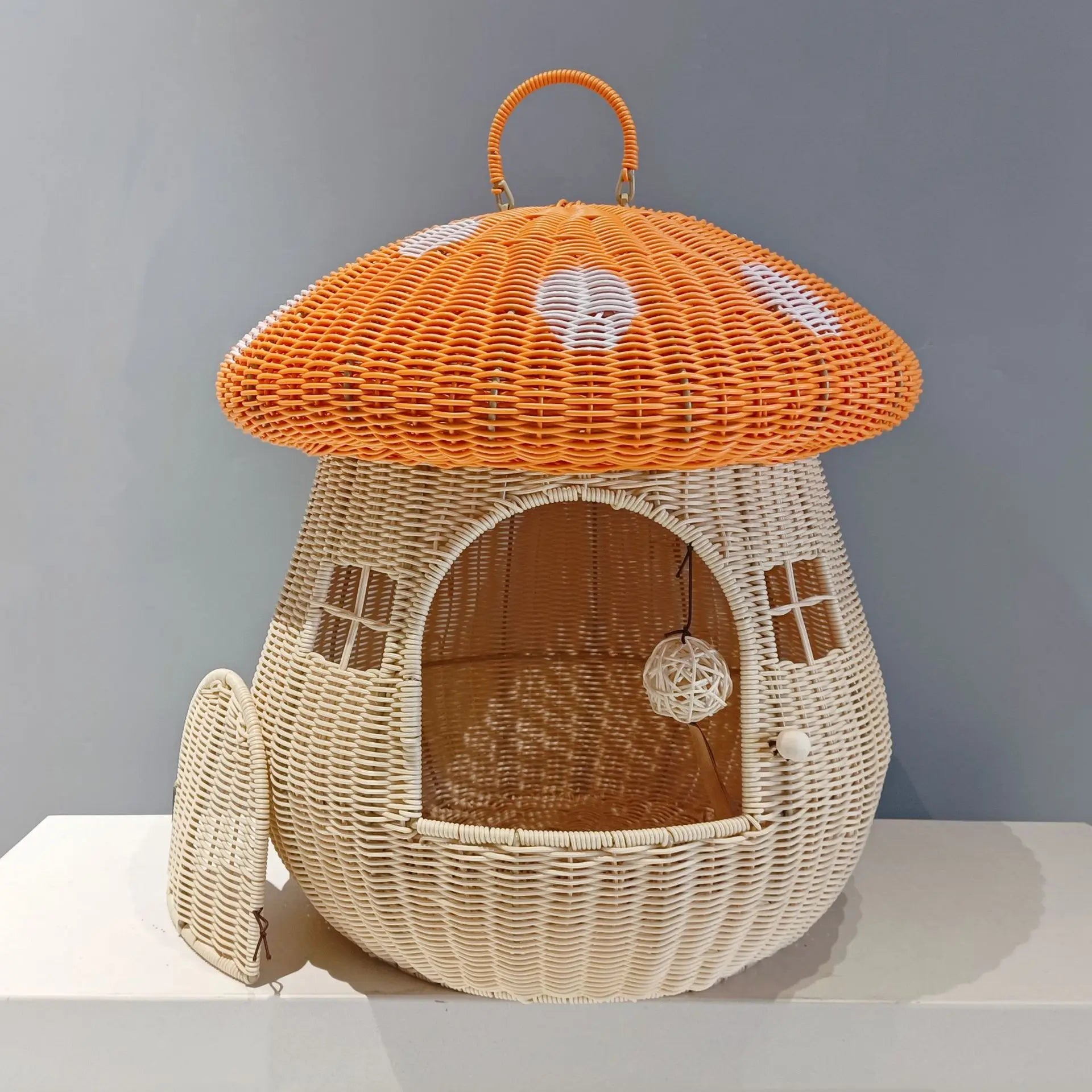 Hanging Rattan Mushroom Pet House | Enclosed Cat Dog Bed with Anti-Slip Mat | Portable Indoor Outdoor Boho Pet Furniture