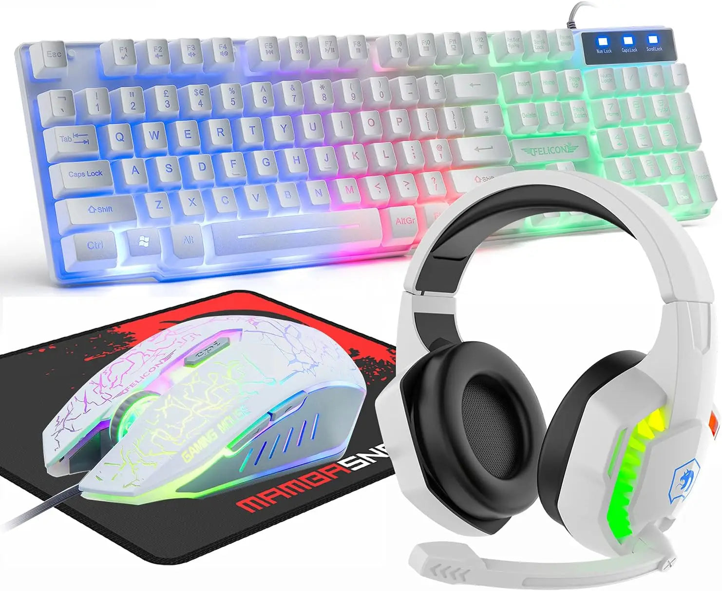 MANBASNAKE T11 Kabelgebundene Gaming-Tastatur und Maus-Headset-Kombination, Kabelgebundene Tastatur mit Regenbogen-LED-Hintergrundbeleuchtung