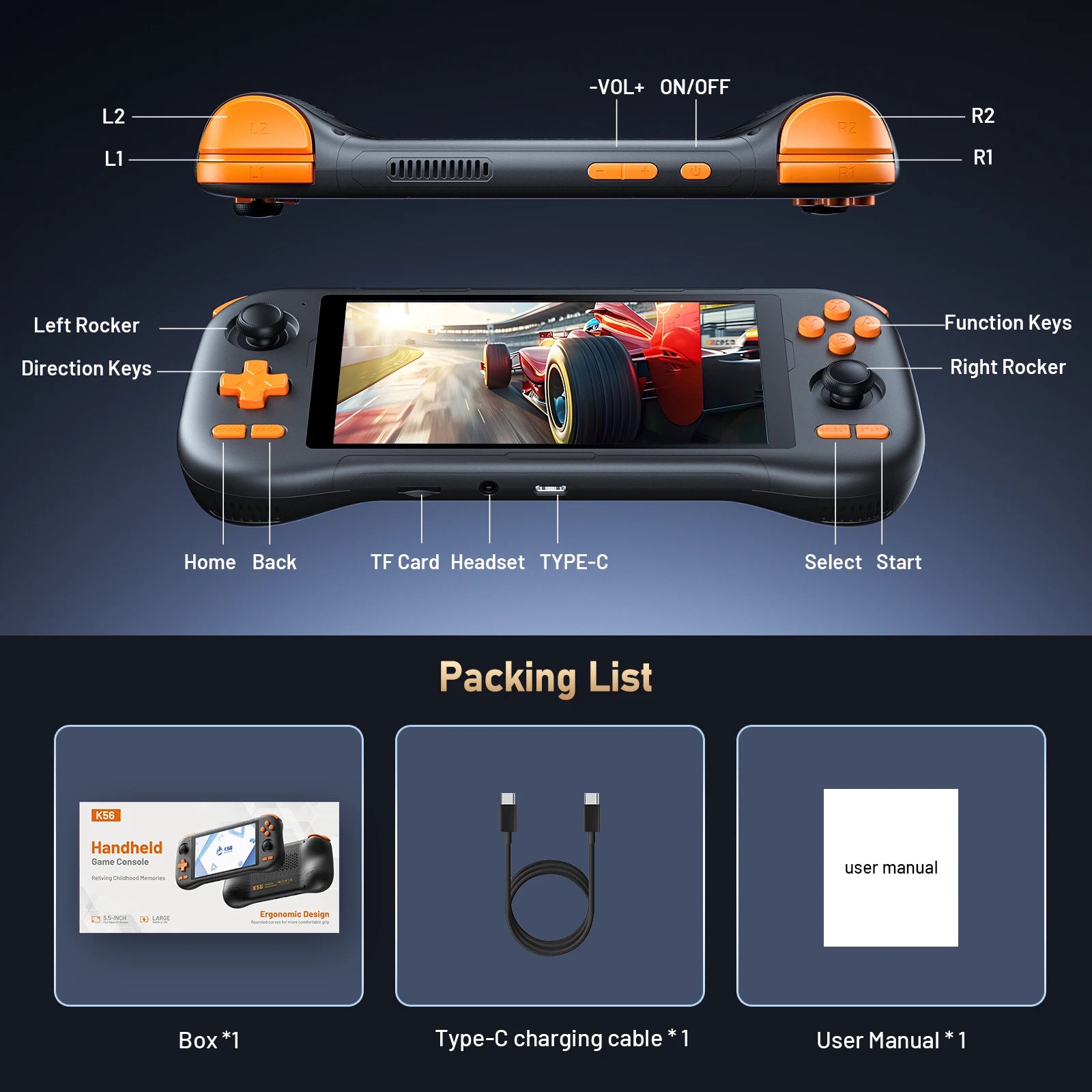 K56 Portable Gaming Console 5.5-inch Touchscreen 50 Emulators 27,000 PS1/PSP/DC/SS Games Android 14 OS 5000mAh Battery Wi-Fi 5 R