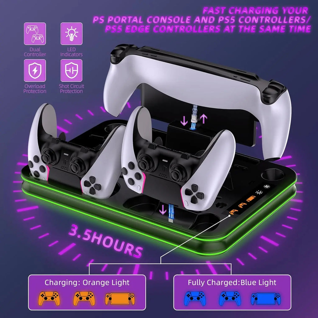 Charging Dock for PS 5 PortalPS5 Controller Charger Base and PS5/PS5 Slim Stand with Cooling Station for PS5 Console 2 Edition