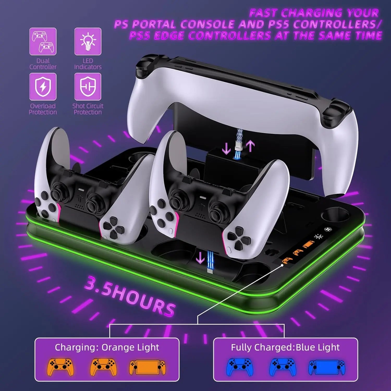 Charging Dock for PS 5 PortalPS5 Controller Charger Base and PS5/PS5 Slim Stand with Cooling Station for PS5 Console 2 Edition