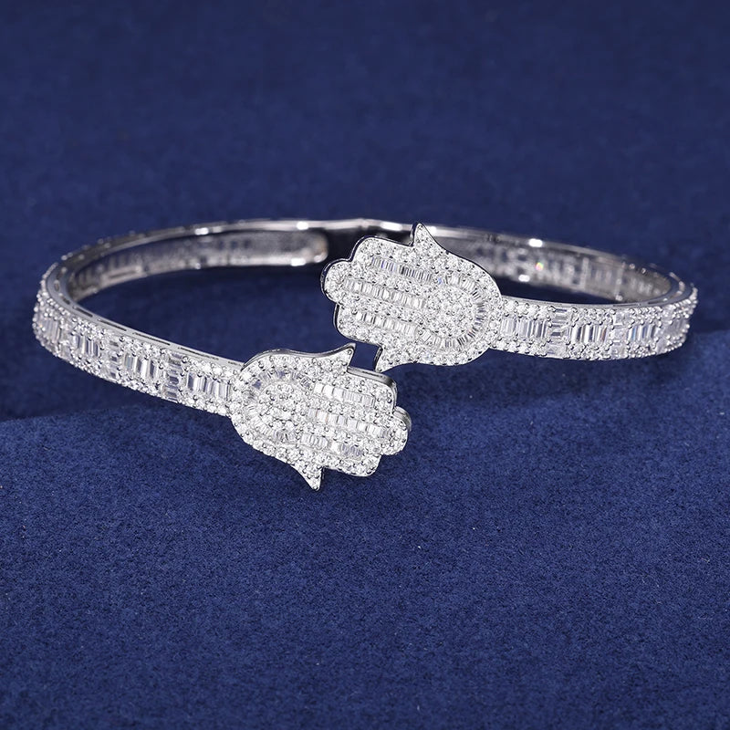 Iced Out Moissanite Hamsa Hand Opening Bracelet For Women Men 925 Sterling Silver Bangle Jewelry Luxury Gift Passed Diamond Test