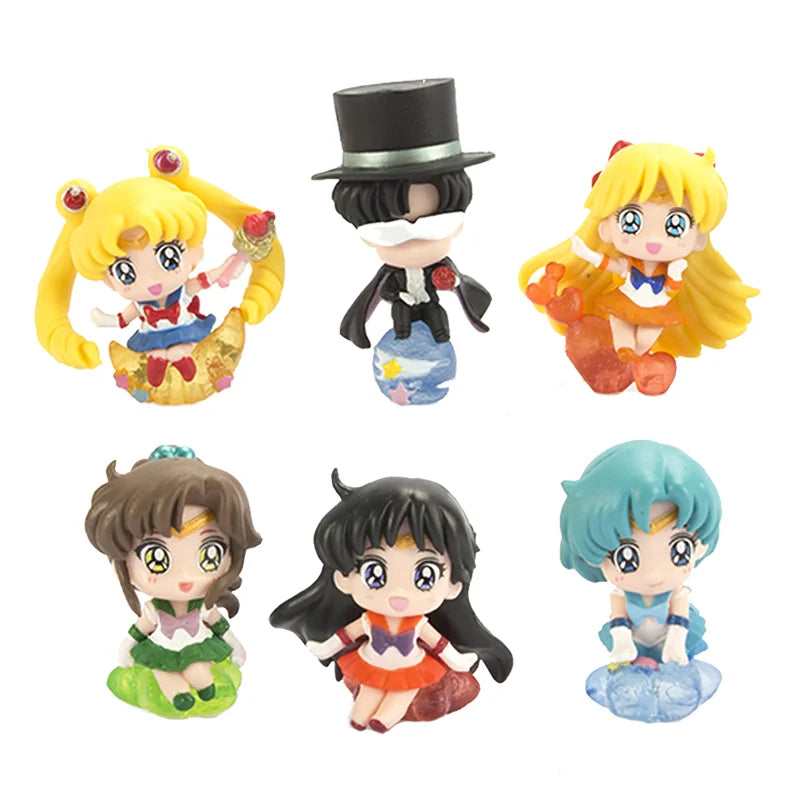 6Pcs/1Set Anime Sailor Moon Tsukino Usagi Cat Dressing Set Mizuno Ami Toy Desktop Ornament Kino Makoto Action Figure PVC 4CM
