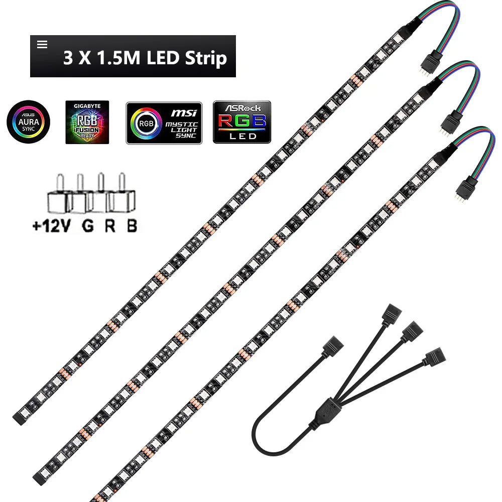 12V 4 Pin RGB Led Strip Light PC Gamer Led Tape Splitter Cable 5050 RGB Strip For Aura Sync MSI Mystic Light Motherboard Control