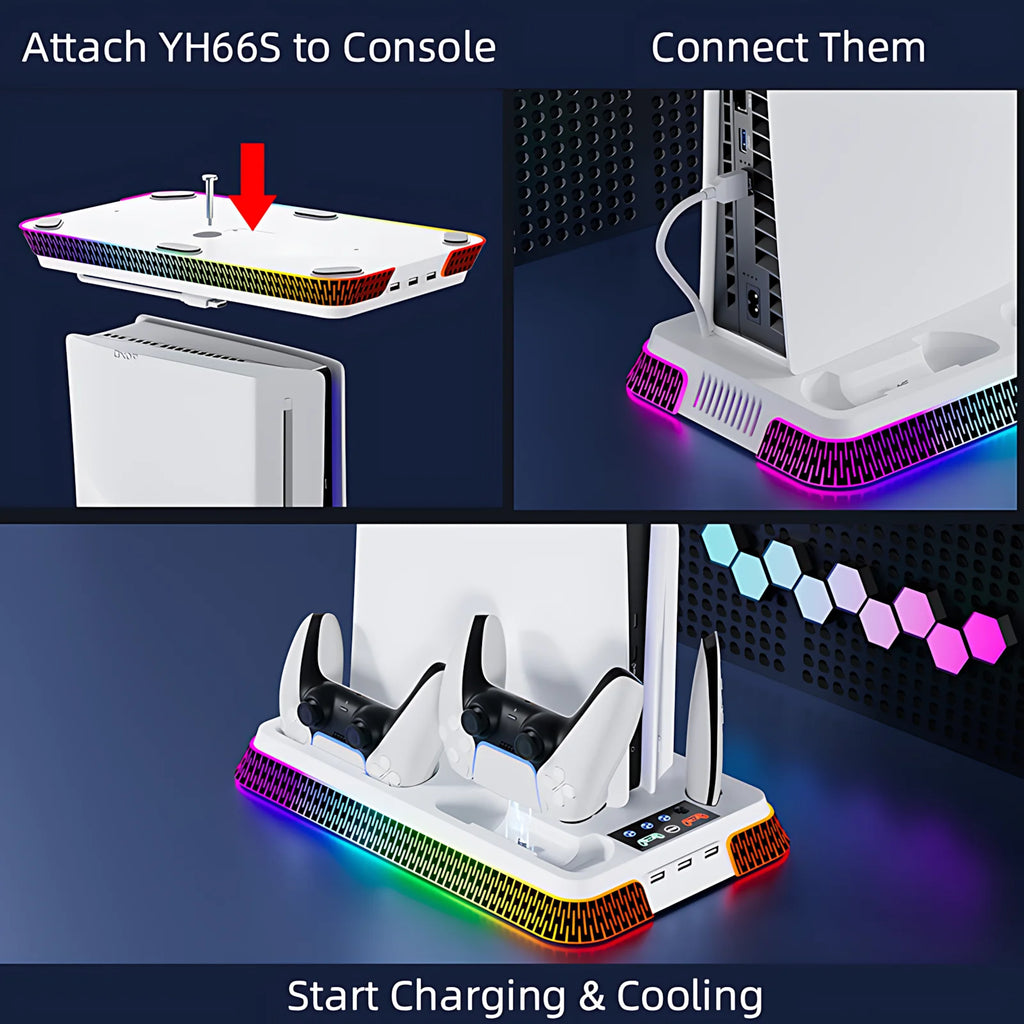 Cooling Station for PS5/PS5 Slim/PS5 Pro, YH66S Vertical RGB PS5 Cooling Stand with Controller Charging Dock, Headset Hook, USB