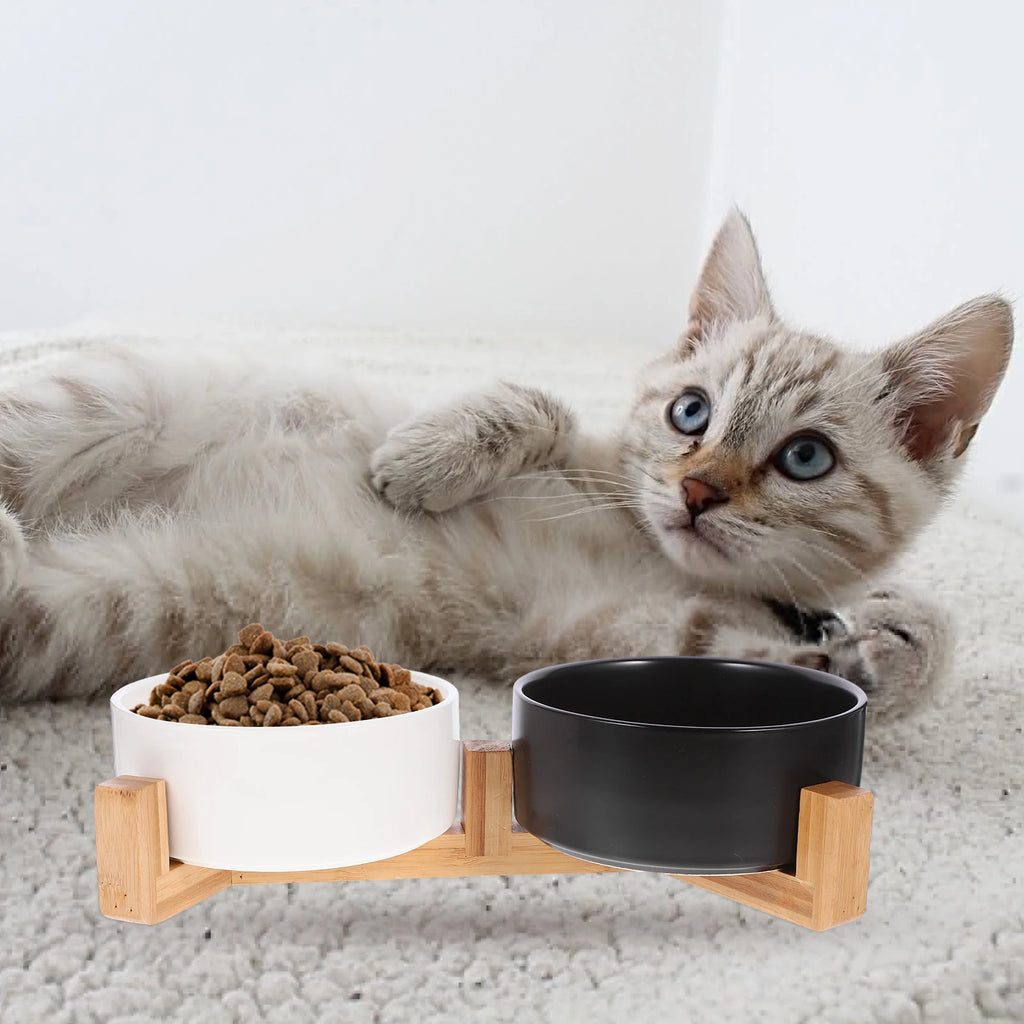 1 Set Ceramic Dog Cat Wood Stand Nonslip Pet Feeding Water Bowl Anti-Slip Food Container Durable Wear-Resistant