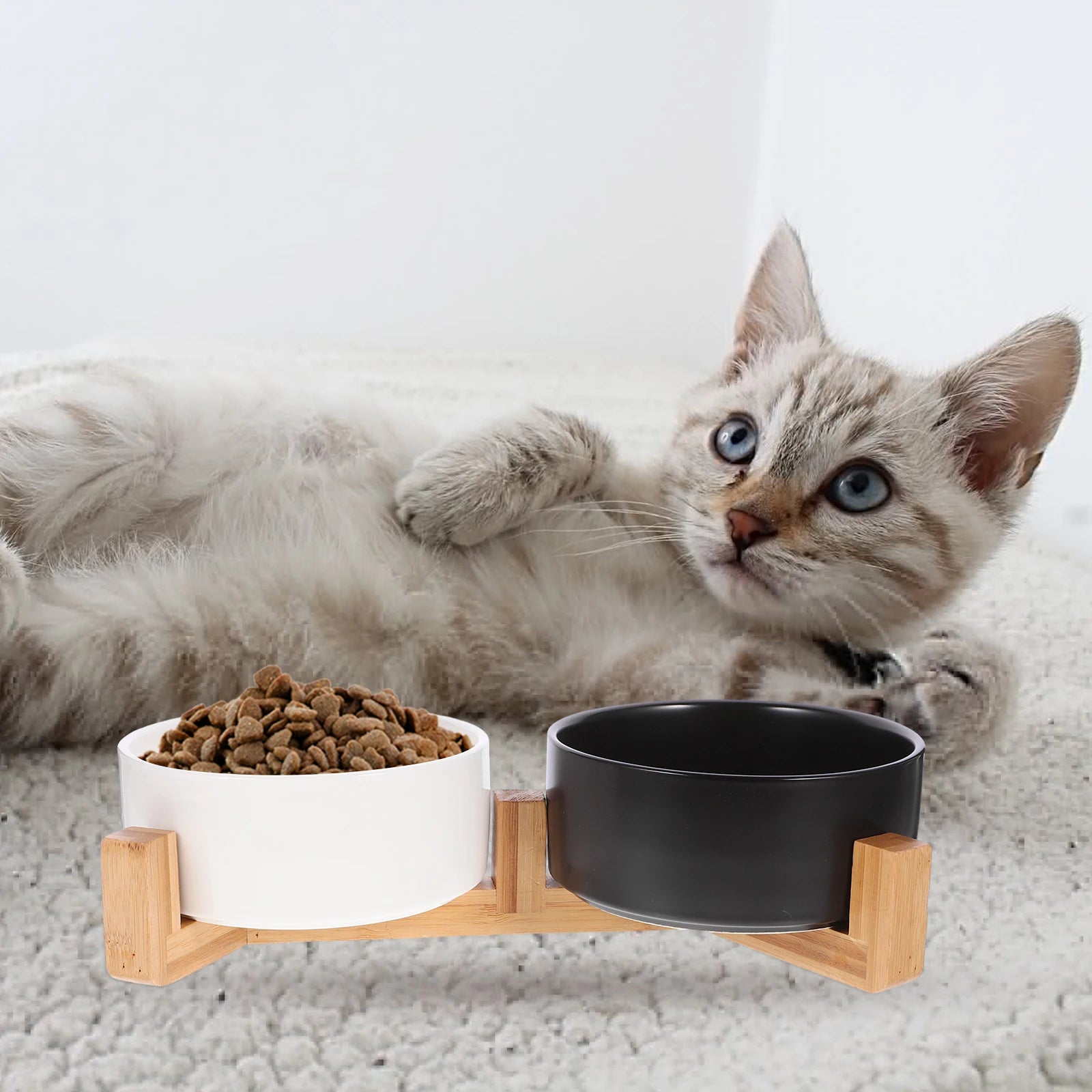 1 Set Ceramic Dog Cat Wood Stand Nonslip Pet Feeding Water Bowl Anti-Slip Food Container Durable Wear-Resistant