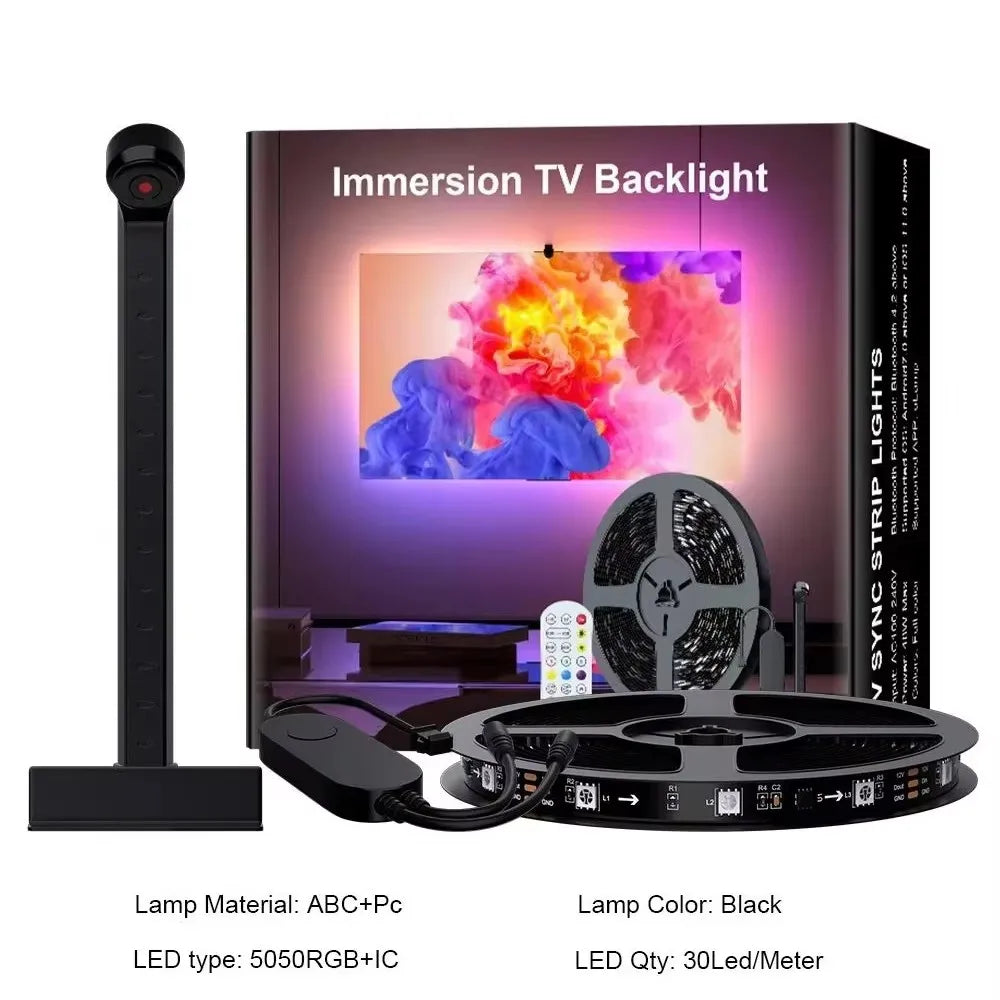 RGBIC-LED-TV-Hintergrundbeleuchtungsstreifen mit Farbauswahlsensor, Musiksynchronisation, App-Steuerung, 55–75 Zoll für die Atmosphärenbeleuchtung im Spielzimmer