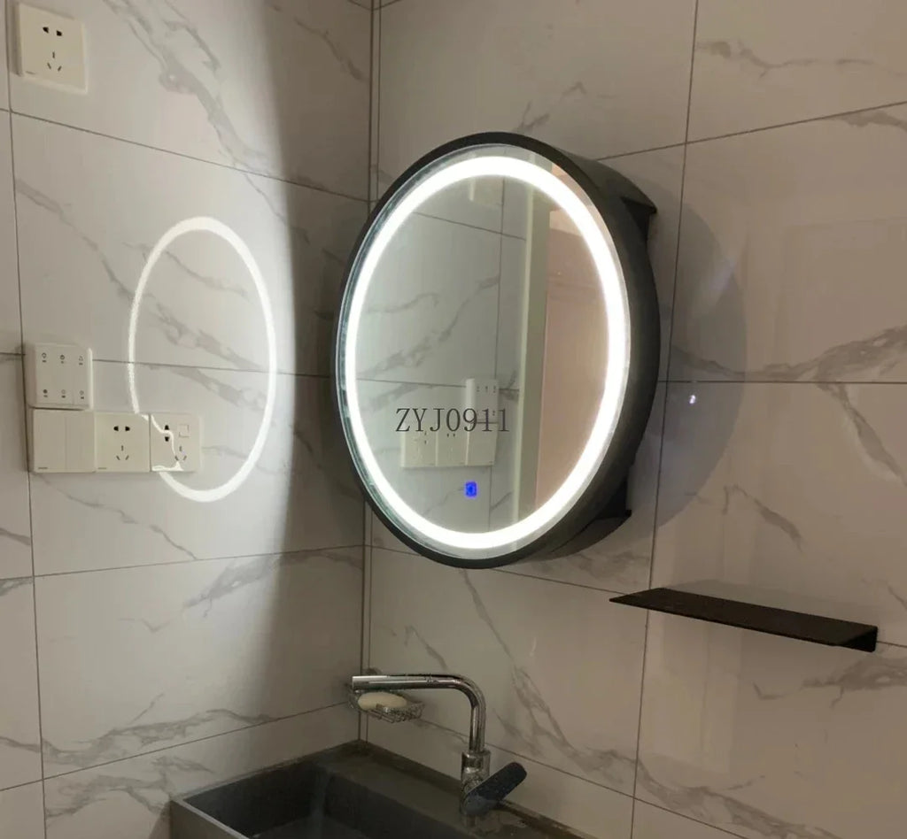 Nordic LED Smart Bathroom Mirror Cabinets Solid Wood Oval Bathroom Wall Hanging Round Vanity Mirrors with Storage Shelf b
