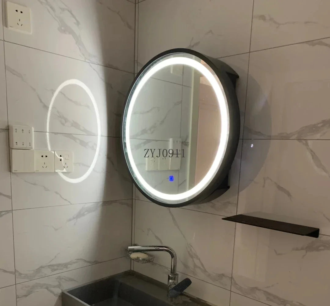 Nordic LED Smart Bathroom Mirror Cabinets Solid Wood Oval Bathroom Wall Hanging Round Vanity Mirrors with Storage Shelf b
