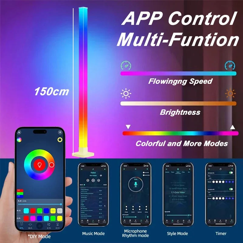 LED Floor Lamp RGBIC Corner Lamps with APP Remote Contorl Multicolour Music Sync Standing PVC Floor Light for LivingRoom Bedroom
