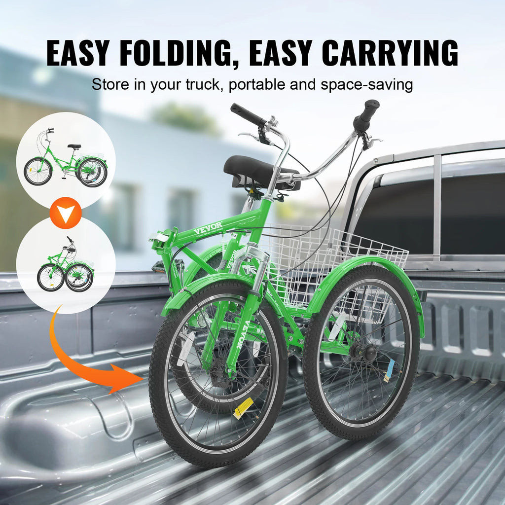 SucceBuy 20-26inch Folding Adult Tricycle 7 Speed Carbon Steel 3 Wheels with Basket Adjustable Seat Shopping Picnic For Seniors