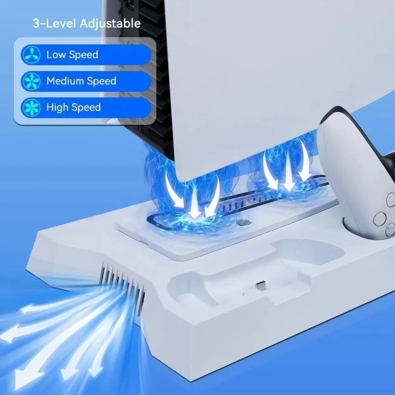 For PS5/PS5 Slim/PS5 Pro Stand with Headphone Hook Cooling Stand & Controller Charging Station for PS5 with 3 Levels Cooling Fan