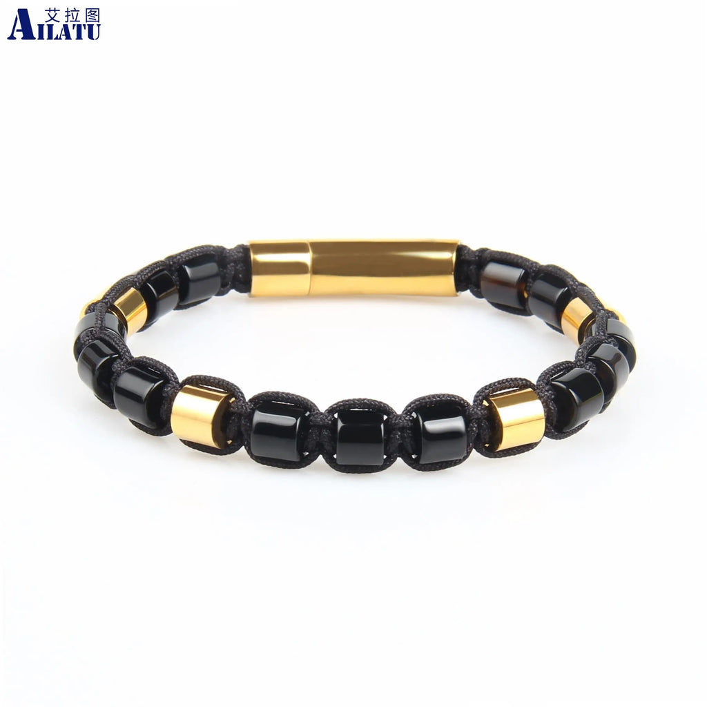Ailatu 10 teile/los Neue Freundschaft Armband, 6mm Tiger Auge, Lapis Stein, schwarz Onyx Zylinder Perlen Edelstahl Schmuck für Männer