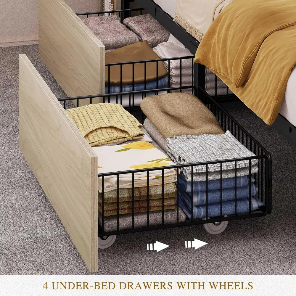 YITAHOME King Bed Frame with Bookcase Headboard and 4 Storage Drawers, RGB LED Light Bed with Type-C & USB Charging Station Stor