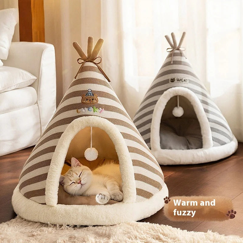 Cat Nest Autumn Winter Round Knitted Tent Nest Thickened Warm Mongolian Yurt Christmas Cat House Dog Bed Pet Supplies Puppy