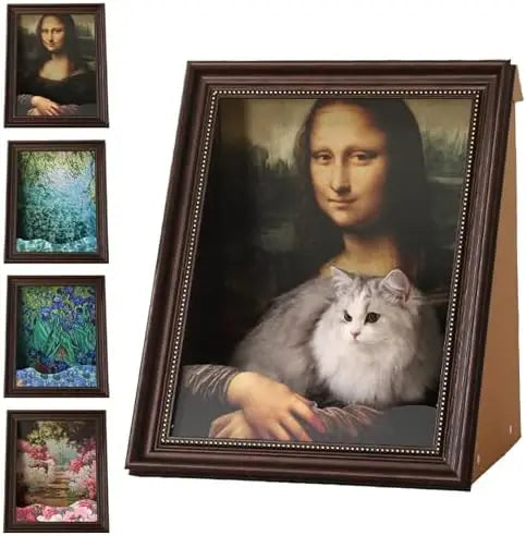 "luxurious mona lisa-inspired cat furniture with scratching post and 3d art panel"