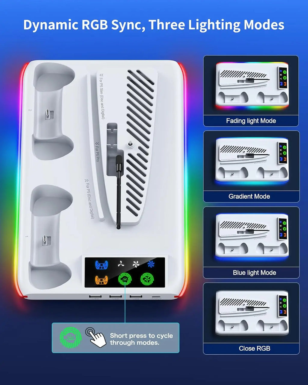 For PS5/Slim/Pro Cooling Stand with LED Controller Charging Station, 3-Gear Cooling Fan for PlayStation 5 Console Accessories