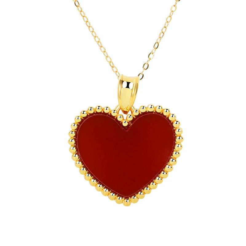 Halskette mit Herzanhänger aus echtem 18 Karat Gold, echter AU750-Anhänger aus natürlichem rotem Achat, schlichter, modischer, edler Schmuck, Geschenk für Frauen