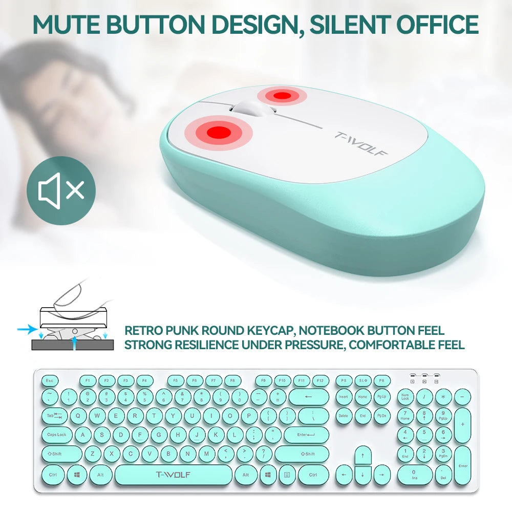 Office Mouse Keyboard Set 104 Punk Round Keys 2.4G Wireless Rechargeable Pink Computer Keyboard And Mouse Kit For Women