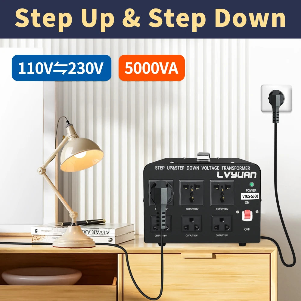 LVYUAN Spannungswandler-Transformator, 500 VA – 5000 VA, Hochleistungs-Aufwärts-/Abwärtstransformator mit US- und EU-Steckdose, 5 V, USB-Anschluss, CE-zertifiziert