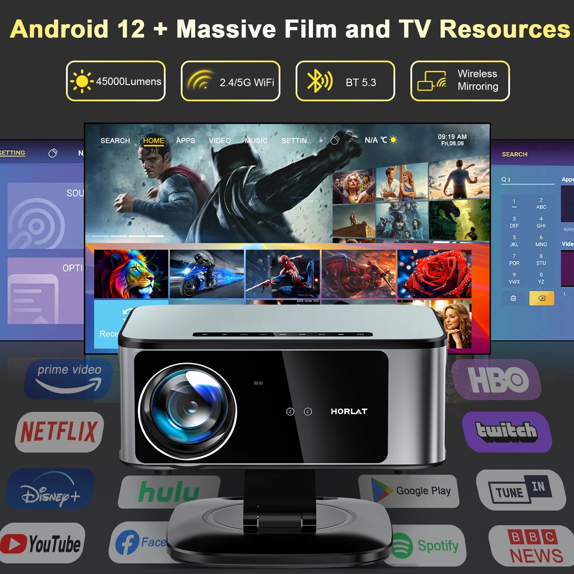 2025 Horlat 45000 Lumens 4K UHD Projector Laser TOF Focus Android 12 WiFi 1080P Full HD Home Theater Movie Projector for Netflix