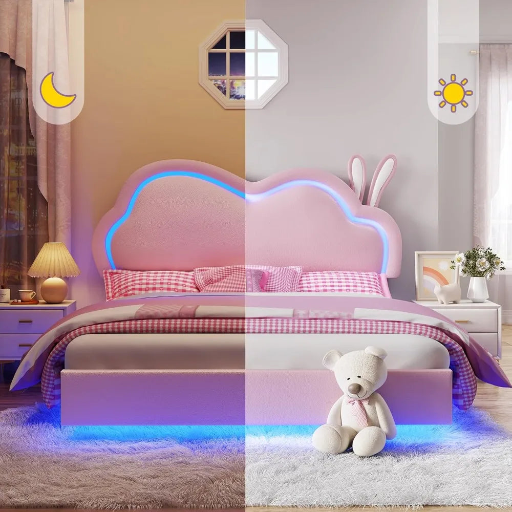 Pink Leather Upholstered Floating Bed Frame with Cute Cloud Headboard for Girls - No Box Spring Needed