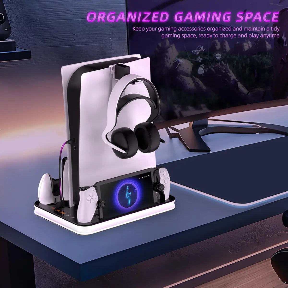 Cooling Stand and Charging Station for PS5/PS5 Slim Console, Charger Dock for PS5 Controller/Edge Controller/PS Portal, Storage