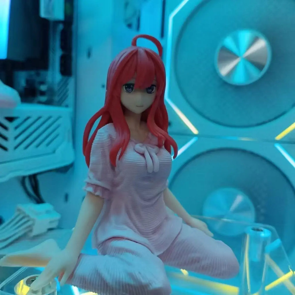 Anime Figure Red Hair Girl Sitting Pose, Pink Striped Pajamas, Collectible Desktop Ornament Gift for Fans