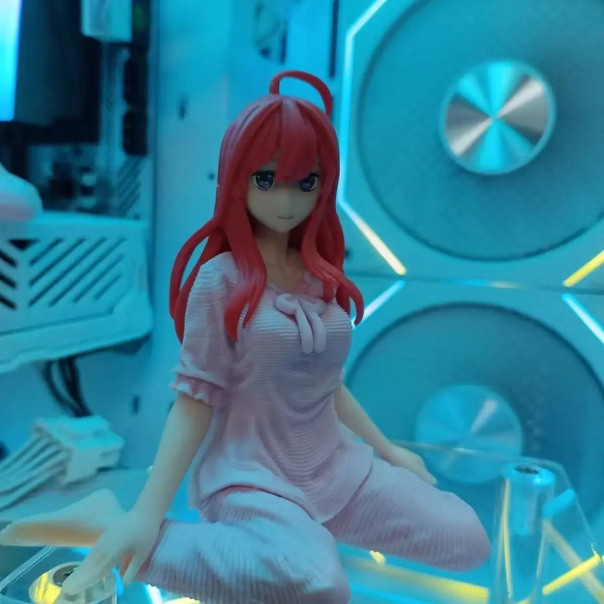 Anime Figure Red Hair Girl Sitting Pose, Pink Striped Pajamas, Collectible Desktop Ornament Gift for Fans