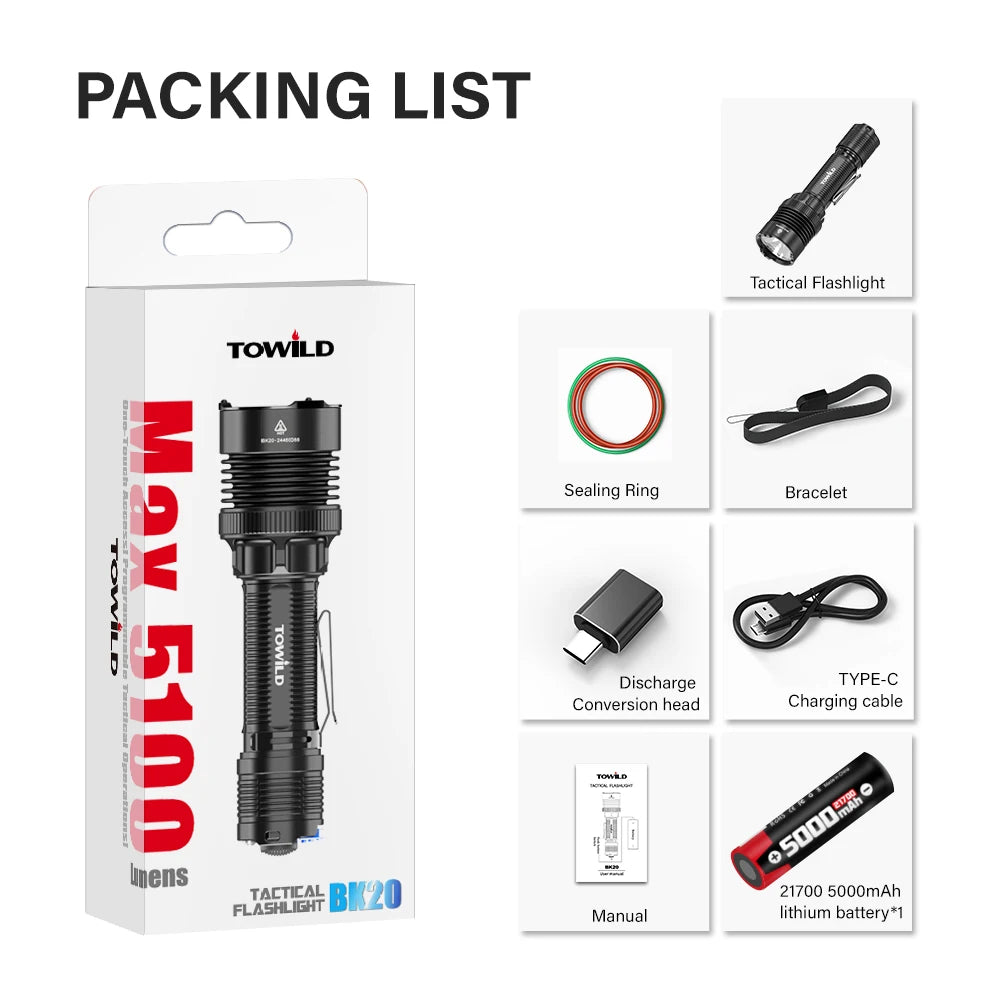 TOWILD BK20 Тактическо фенерче, презареждащо се, 5100lm, ултра мощно LED фенерче IPX8 с дълъг обхват, 450 м, за къмпинг, външно осветление