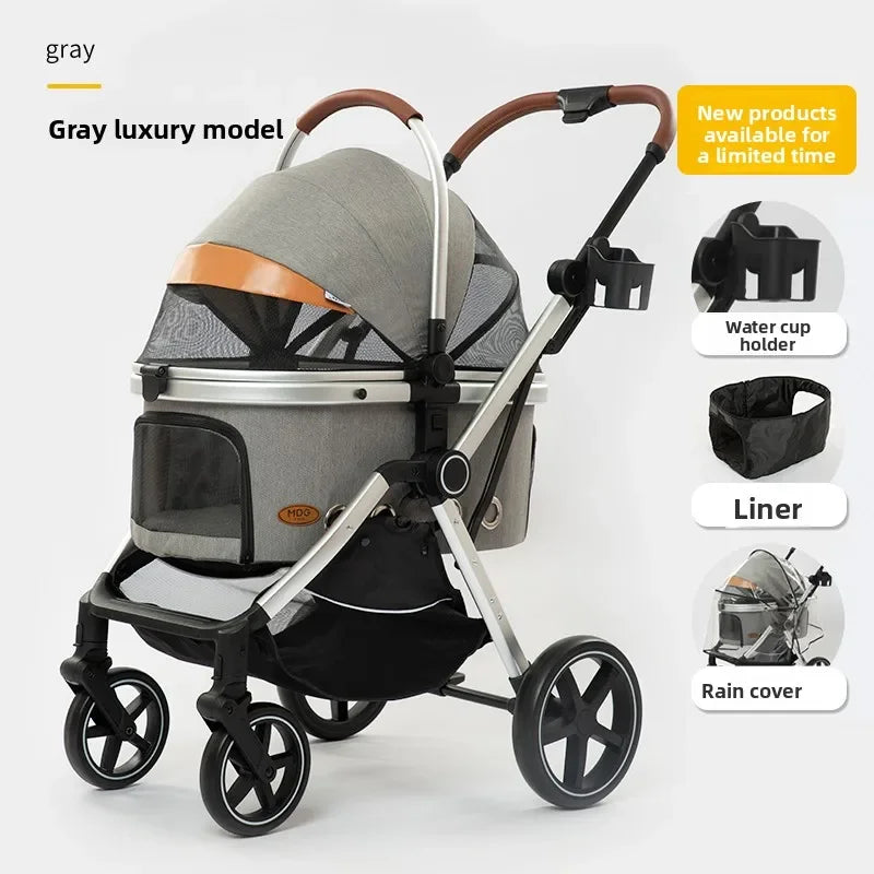 Luxury Pet Stroller Foldable Detachable Dog Cat Carrier for Medium Pets Outdoor Walking