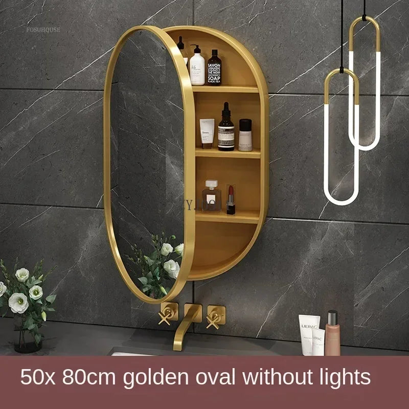 Nordic LED Smart Bathroom Mirror Cabinets Solid Wood Oval Bathroom Wall Hanging Round Vanity Mirrors with Storage Shelf b