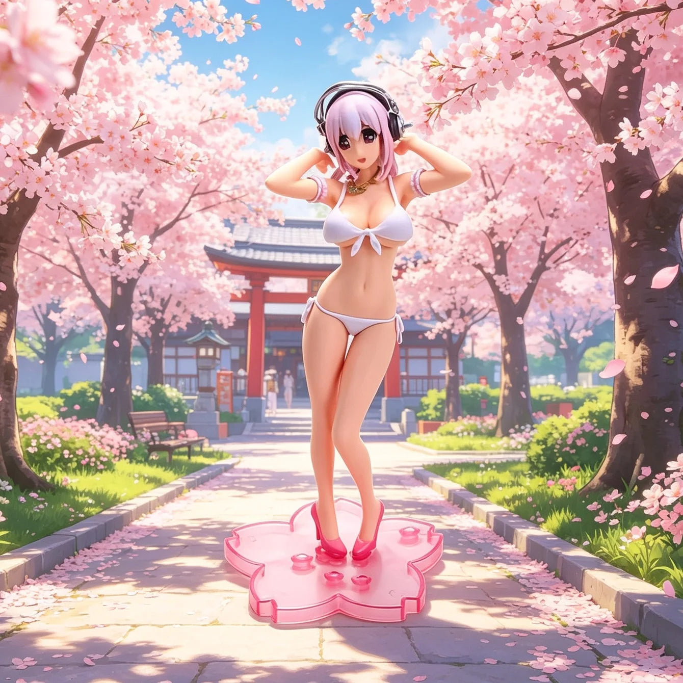 Anime Super Sonico Statue - Cherry Blossom Path Design, Bikini Style, Perfect Gift & Room Decoration for Fans & Decoration