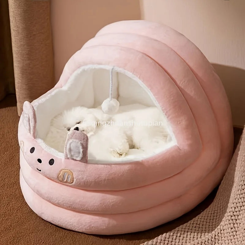 Comfortable Plush Pink Plush Cat Bed Detachable Washable Padded Kitten House with Cute Rabbit Ears and Cute Hanging Balls